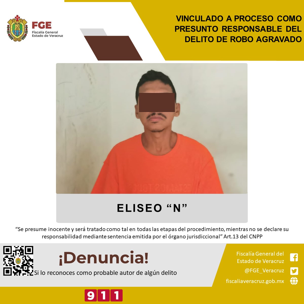 Vinculado a proceso como presunto responsable del delito de robo agravado